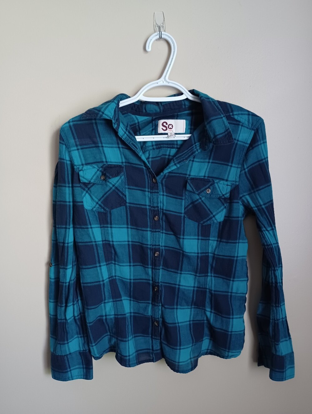 Women's Size XL SO Plaid Flannel Blue Cotton Thin Button-down Long Sleeve Shirt